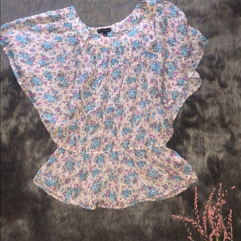 Fang Floral Peplum Blouse Pink Blue Rose Print Flutter Sleeve Chiffon Top Medium